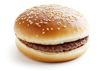 A juicy hamburger with sesame seeds on a white background, perfect for food photography or advertising