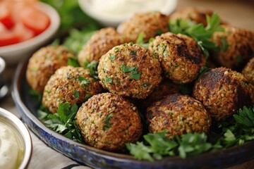 A plate of meatballs served with a bowl of dip for snacking