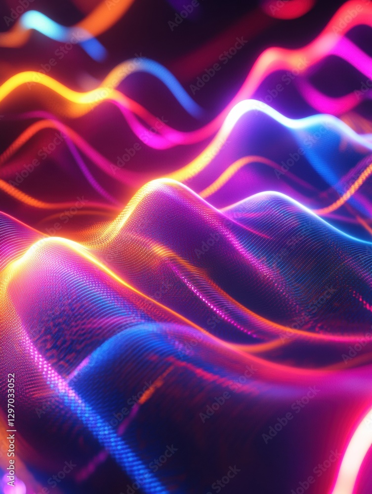 Poster Colorful light waves create an abstract digital pattern with vibrant hues and flowing movements in dark background. Generative AI