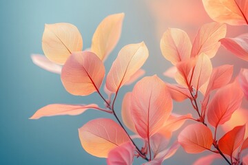 Fototapeta premium Colorful autumn leaves display vibrant hues against a soft blue background in a serene natural setting