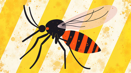 Vibrant mosquito illustration with hazard stripes on warning background, awareness