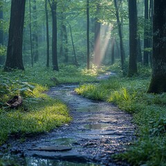 Obraz premium A misty forest path flooded with soft morning light, with dew-covered leaves and grass lining the path. Generative AI