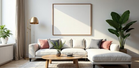 Elegant line art picture frame above coffee table, living room setting, house, space
