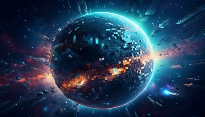 Obraz premium 거대한 행성이 픽셀처럼 해체되며 입자로 퍼지는 장면