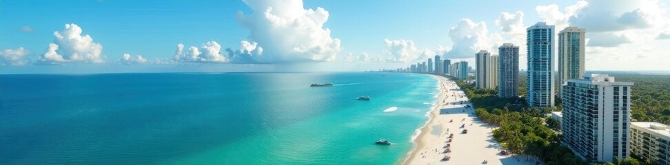 Elevated view of Miami Beach and Biscayne Bay, blue, seascape