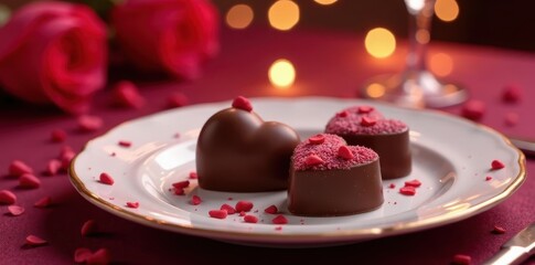 Elegant place setting with heart-shaped chocolates , chocolate hearts, delicious