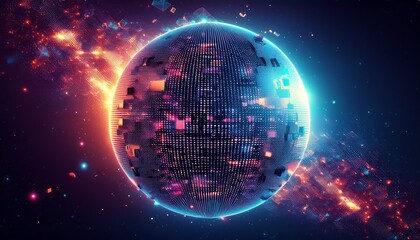 Obraz premium 거대한 행성이 픽셀처럼 해체되며 입자로 퍼지는 장면