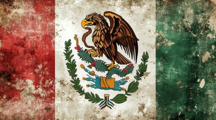 Worn mexican flag with eagle and serpent emblem on grungy texture