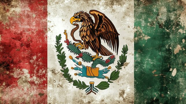 Worn mexican flag with eagle and serpent emblem on grungy texture