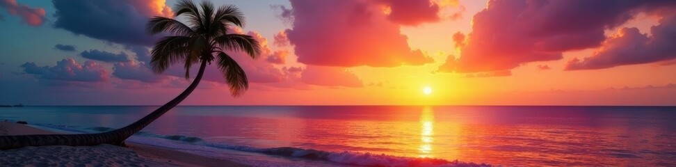 Leaning palm tree, vibrant sunset reflecting on calm ocean, holiday, tropics