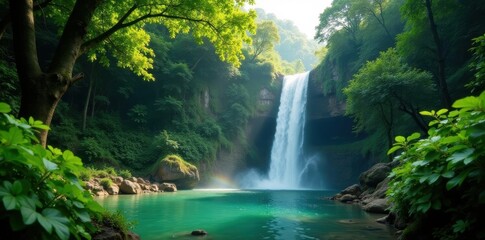 Lush green canopy frames cascading waterfall, Thailand , landscape, hidden