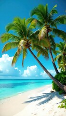 Fototapeta premium Lush Hawaiian palm trees leaning over white sand beach, summer, relaxing