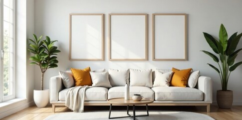 Modern living room setting with empty picture frames on a wall , light, furniture
