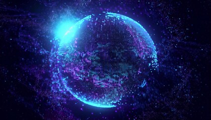 Obraz premium 거대한 행성이 픽셀처럼 해체되며 입자로 퍼지는 장면
