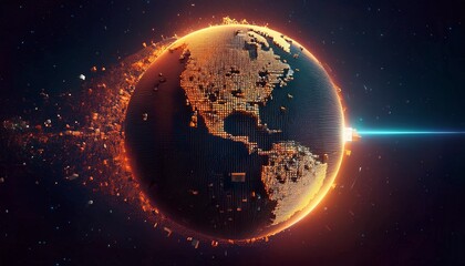 Fototapeta premium 거대한 행성이 픽셀처럼 해체되며 입자로 퍼지는 장면