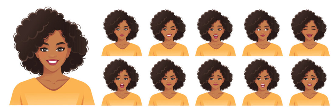 African American young woman with afro hairstyle. Different facial expressions set. Isolated vector illustration