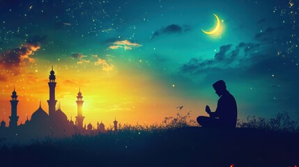 Fototapeta premium Salat is the practice of prayer in Islam. It is one of the five most important duties for Muslims. Muslim activities during month of Ramadan illustration.