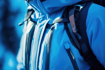 A person walking outdoors with a blue jacket and black backpack, suitable for adventure or travel-themed images