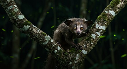 Fototapeta premium Aye-Aye on Tree Branch: Eerie Finger Wildlife Art for Nature Wallpapers & Conservation Content