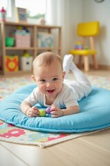 Naklejka premium A newborn baby is lying on a soft blue mat, playing with a rattle. The background is a bright playroom with toys, books, and a colorful rug