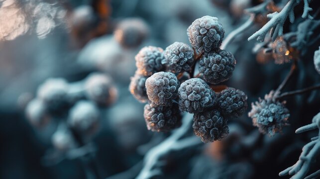 A detailed view of a plant covered in frost, ideal for use in winter-themed designs or as a symbol of resilience and adaptation