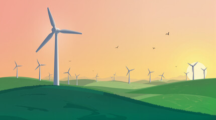 Obraz premium Smiling wind turbines in green fields at sunset, promoting sustainability