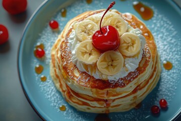  A mouthwatering stack of fluffy pancakes, drizzled with golden syrup, and adorned with fresh banana slices, whipped cream, and a vibrant cherry, evokes warmth