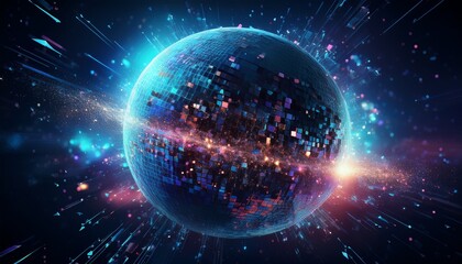 Obraz premium 거대한 행성이 픽셀처럼 해체되며 입자로 퍼지는 장면