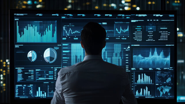 A businessman utilizes a KPI dashboard to monitor financial performance--data analytics tools track earnings, operations, and sales metrics, integrating key performance indicators for business success