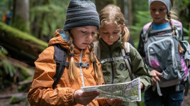 Children exploring nature, reading a map in a lush forest setting, wearing backpacks and outdoor gear, showcasing adventure and teamwork.