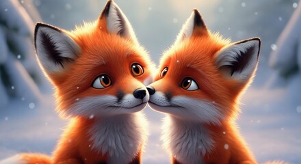 Two adorable cartoon foxes sharing a sweet moment in a snowy landscape