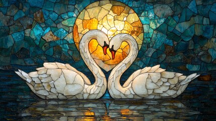 Two elegant swans form a heart shape against a vibrant stained glass background with a glowing sun.
