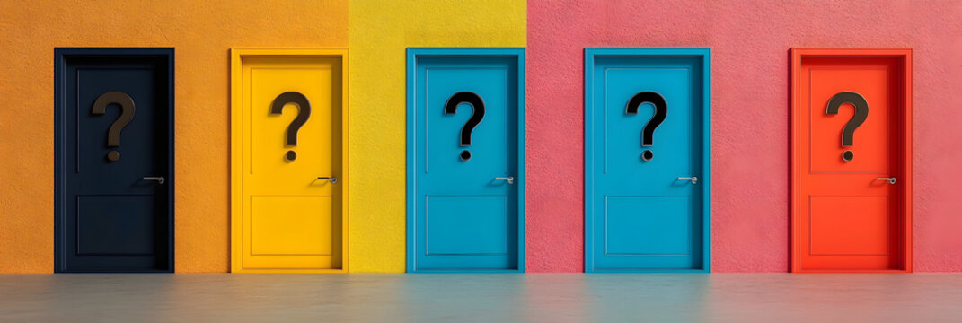 Colorful doors with question marks representing the challenging decision making process of choosing the right career path amid uncertainties and fears of missing better options