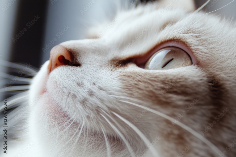 Poster close-up view of a cat looking upwards with bright eyes and a curious expression in a cozy indoor se