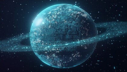 Obraz premium 거대한 행성이 픽셀처럼 해체되며 입자로 퍼지는 장면