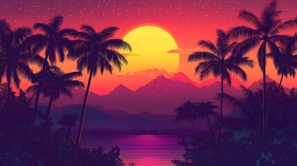 Naklejka premium Stunning Tropical Sunset Landscape With Silhouetted Palm Trees And Mountainous Horizon Over A Calm Ocean