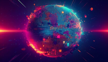 Obraz premium 거대한 행성이 픽셀처럼 해체되며 입자로 퍼지는 장면