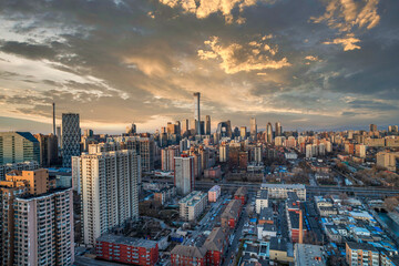 The spectacular scene of the urban building complex in Beijing, China at dusk