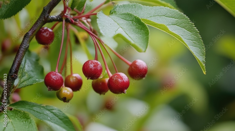 Poster a close-up view of a tree branch filled with various types of fruit, perfect for food or nature-rela