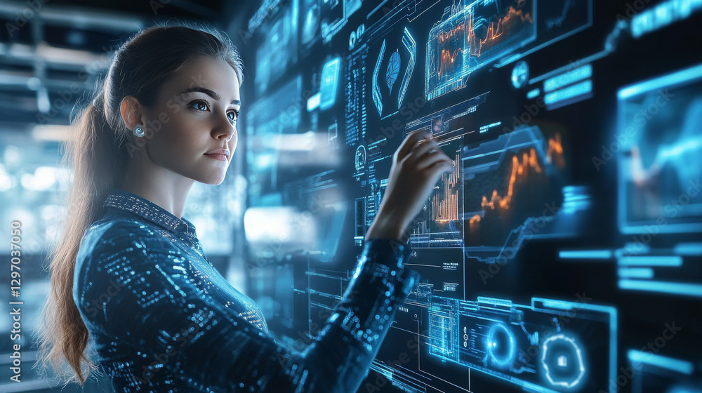Poster digital transformation and iot technology--a woman using a modern computer navigates the internet, s