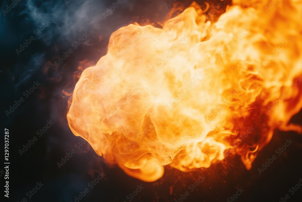 Poster a close-up shot of flames on a dark background, suitable for use in contexts where a fiery focus is 