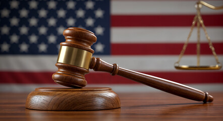  gavel resting on a wooden surface with a blurred American flag in the background
