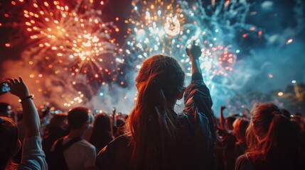 A vibrant crowd watches colorful fireworks under a night sky, celebrating with raised hands and joyous energy.