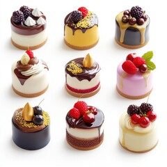 A collection of glossy 3D rendered mini cakes with vibrant mirror glaze, topped with fresh berries, chocolate swirls, and golden sprinkles, arranged neatly