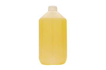 White plastic canister with special liquid on white background.