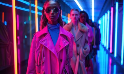 Fototapeta premium Fashionable models walking through a neon-lit corridor, showcasing chic style and attitude in vibrant and dynamic lighting.