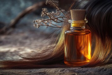 A detailed shot of a bottle of hair oil with label and packaging