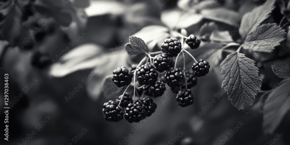 Poster a close-up view of a cluster of black berries on a tree branch