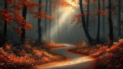 Autumn forest path, sunlight, mist, tranquil, scenic view, calming, nature, peaceful, stock photo