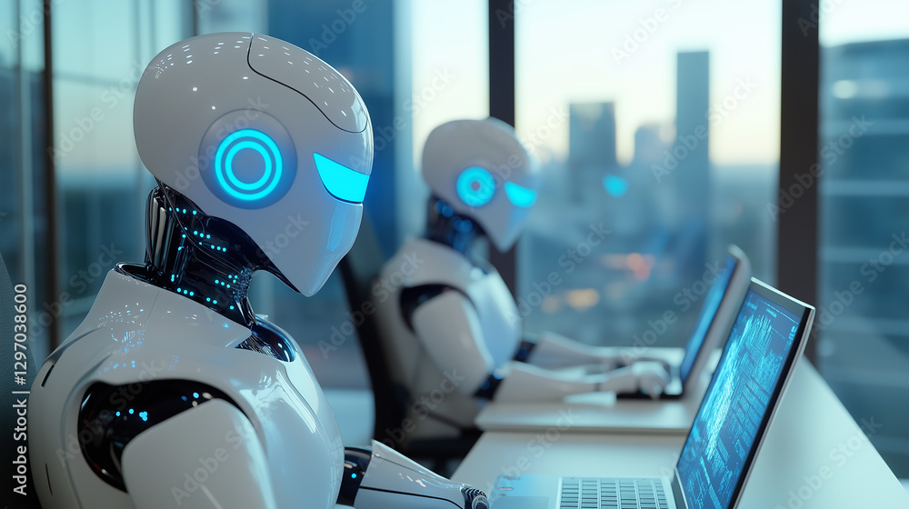 Poster a group of humanoid robots working at desks with laptops, symbolizing ai integration in business, au